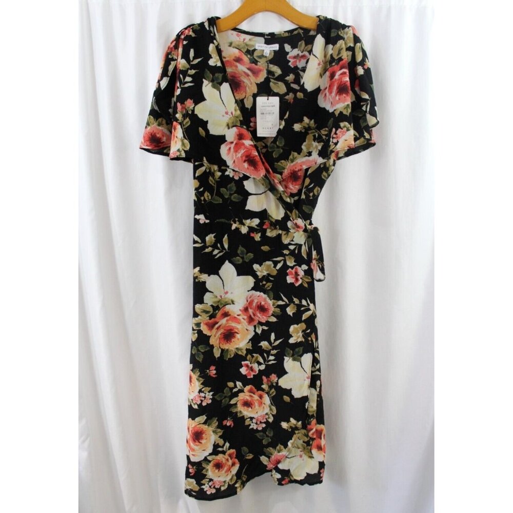 Spirit‎ of Grace Womens Black Floral Wrap Surplice Flutter Sleeve Dress L NWT
